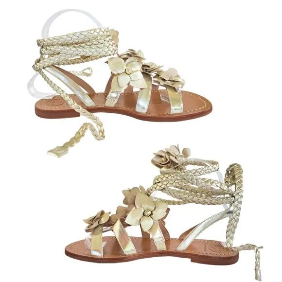 TORY BURCH Metallic Gold Leather Blossom Floral Gladiator Sandals 6.5 Ankle Wrap