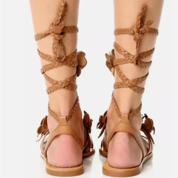 TORY BURCH Metallic Gold Leather Blossom Floral Gladiator Sandals 6.5 Ankle Wrap