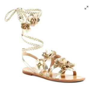 TORY BURCH Metallic Gold Leather Blossom Floral Gladiator Sandals 6.5 Ankle Wrap