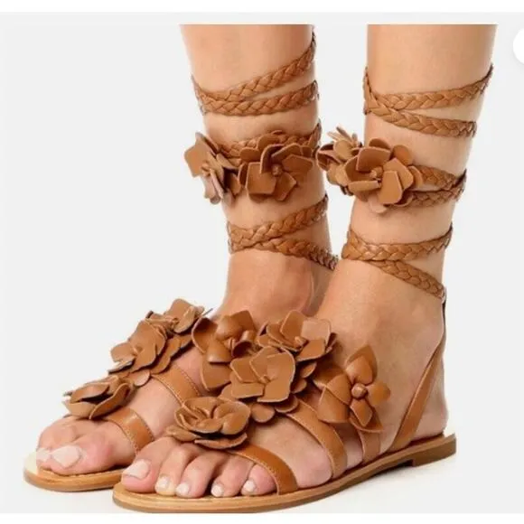 TORY BURCH Metallic Gold Leather Blossom Floral Gladiator Sandals 6.5 Ankle Wrap