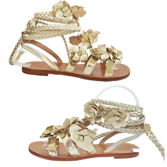 TORY BURCH Metallic Gold Leather Blossom Floral Gladiator Sandals 6.5 Ankle Wrap