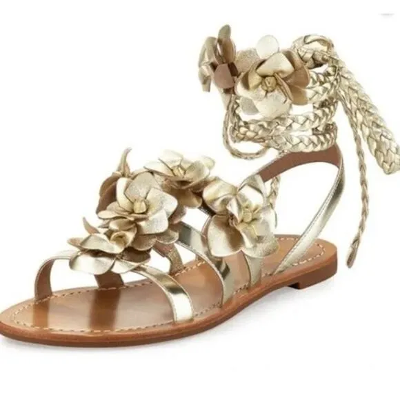 TORY BURCH Metallic Gold Leather Blossom Floral Gladiator Sandals 6.5 Ankle Wrap