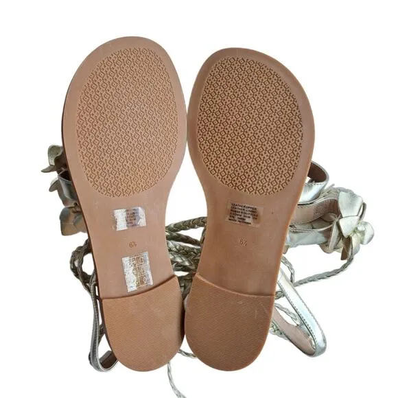 TORY BURCH Metallic Gold Leather Blossom Floral Gladiator Sandals 6.5 Ankle Wrap