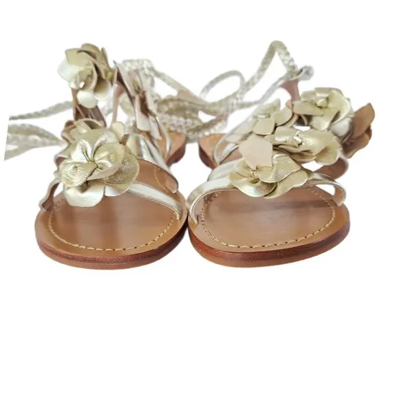 TORY BURCH Metallic Gold Leather Blossom Floral Gladiator Sandals 6.5 Ankle Wrap