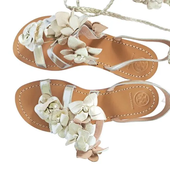 TORY BURCH Metallic Gold Leather Blossom Floral Gladiator Sandals 6.5 Ankle Wrap