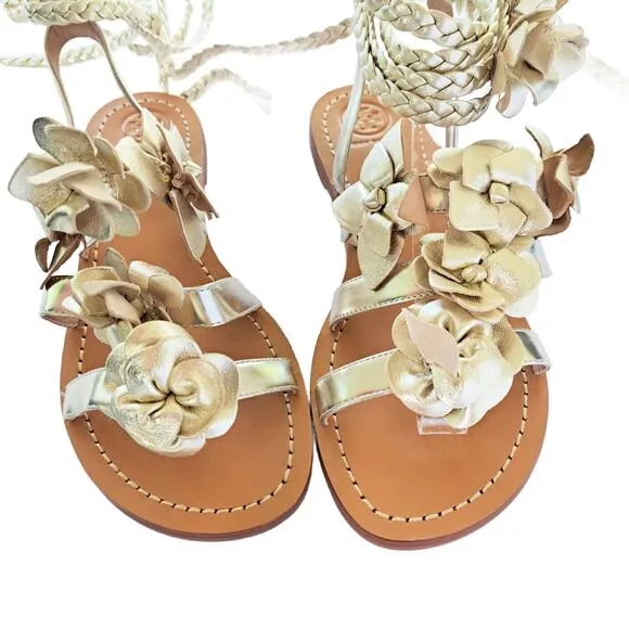 TORY BURCH Metallic Gold Leather Blossom Floral Gladiator Sandals 6.5 Ankle Wrap