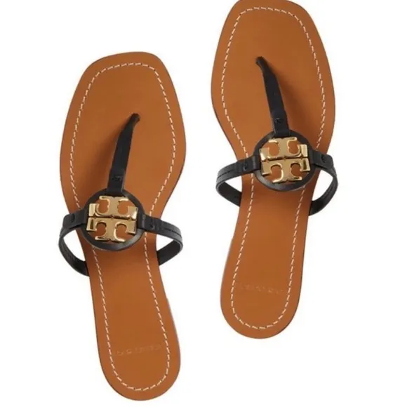 Tory Burch Miller Flats  Thong Sandals Black Leather Womens 10M