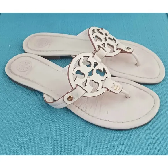 Tory Burch Miller Thong Medallion Sandal Vanilla Cream Leather Sz 8