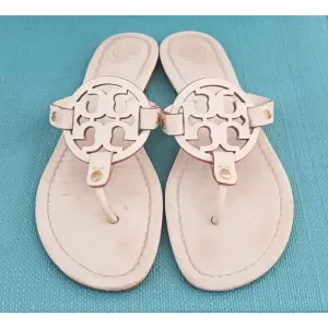 Tory Burch Miller Thong Medallion Sandal Vanilla Cream Leather Sz 8