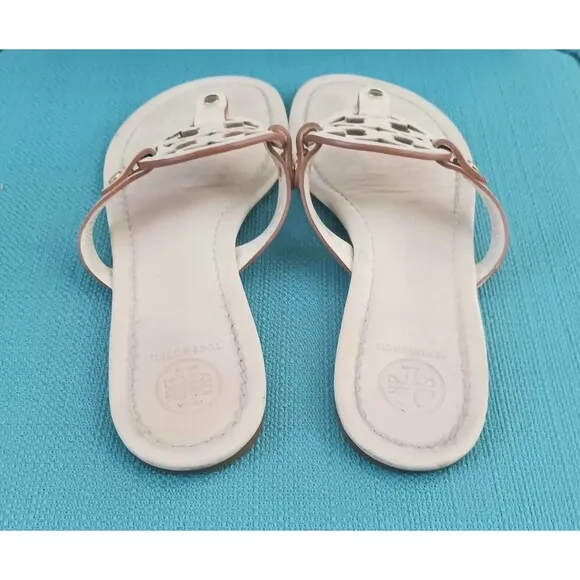 Tory Burch Miller Thong Medallion Sandal Vanilla Cream Leather Sz 8