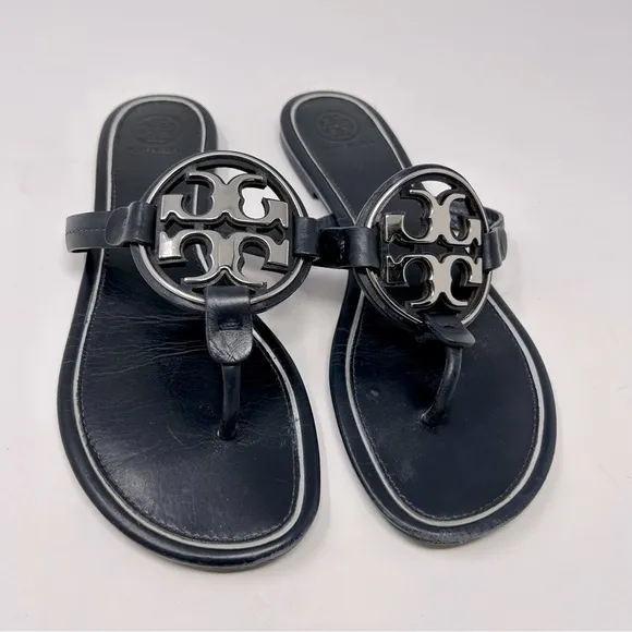 Tory Burch Navy Silver Metal Miller Logo Sandals