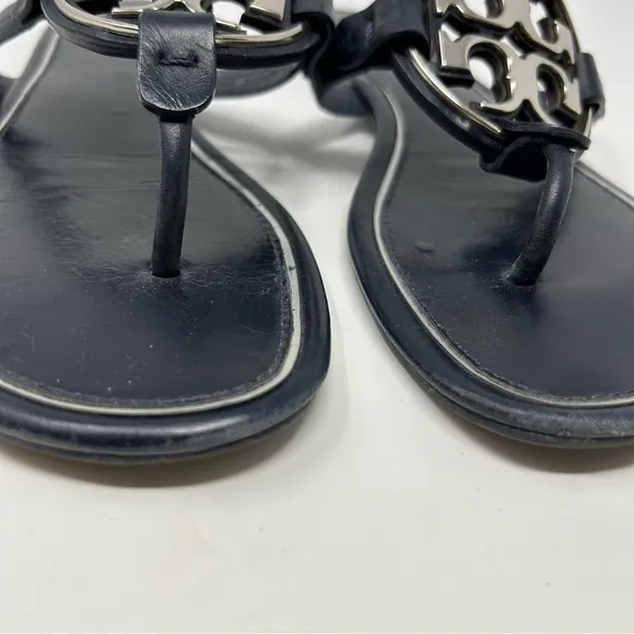 Tory Burch Navy Silver Metal Miller Logo Sandals