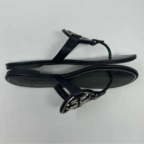 Tory Burch Navy Silver Metal Miller Logo Sandals