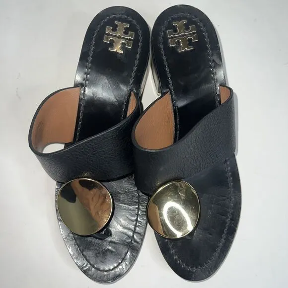 Tory Burch Patos Disc Black Leather Thong Sandals size 7M