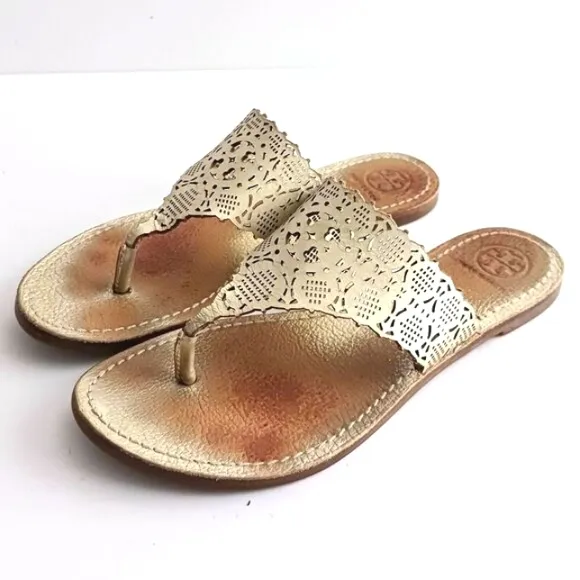 Tory Burch Roselle Gold Leather Laser Cut Logo Thong Slide Sandal w Dustbag Sz 6
