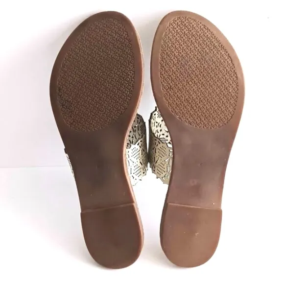Tory Burch Roselle Gold Leather Laser Cut Logo Thong Slide Sandal w Dustbag Sz 6