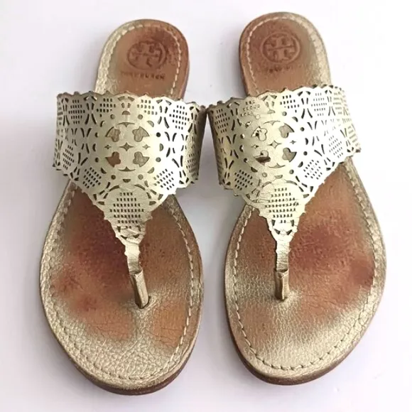 Tory Burch Roselle Gold Leather Laser Cut Logo Thong Slide Sandal w Dustbag Sz 6