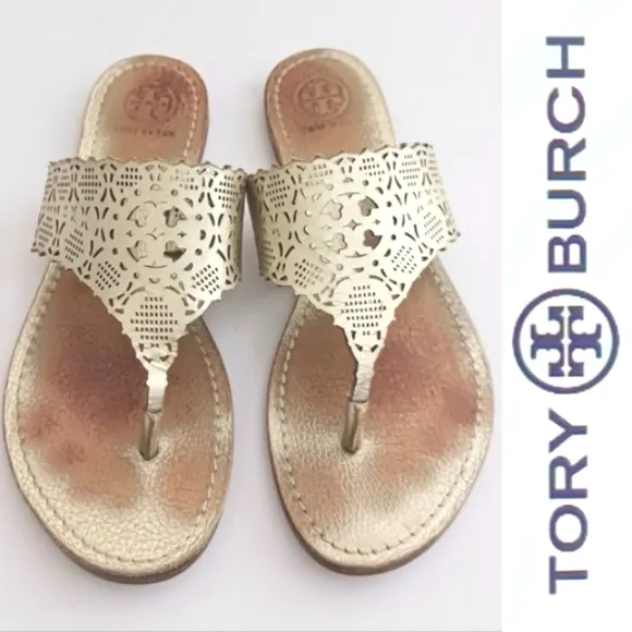Tory Burch Roselle Gold Leather Laser Cut Logo Thong Slide Sandal w Dustbag Sz 6