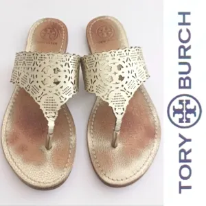 Tory Burch Roselle Gold Leather Laser Cut Logo Thong Slide Sandal w Dustbag Sz 6