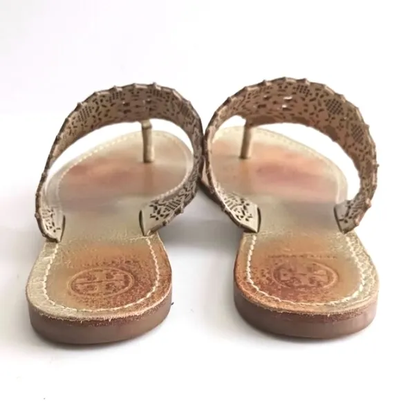 Tory Burch Roselle Gold Leather Laser Cut Logo Thong Slide Sandal w Dustbag Sz 6