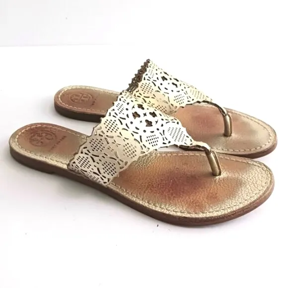 Tory Burch Roselle Gold Leather Laser Cut Logo Thong Slide Sandal w Dustbag Sz 6