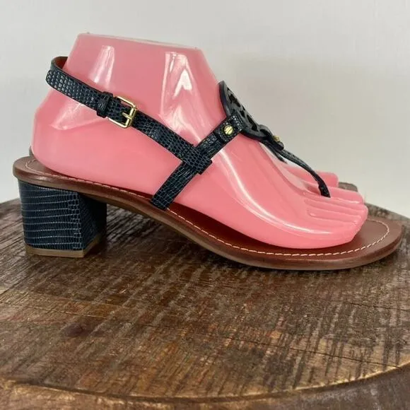 Tory Burch Sandal Women 8 Blue Mini Miller Leather Lizard-Print Thong Block Heel