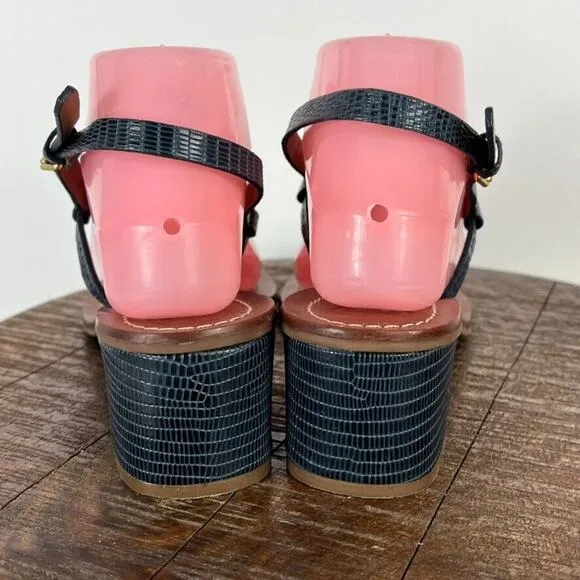 Tory Burch Sandal Women 8 Blue Mini Miller Leather Lizard-Print Thong Block Heel