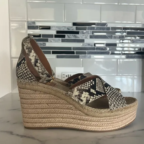 Tory Burch Shelby Snakeskin-Embossed Leather Espadrille Sandals, NWOT, Size 11