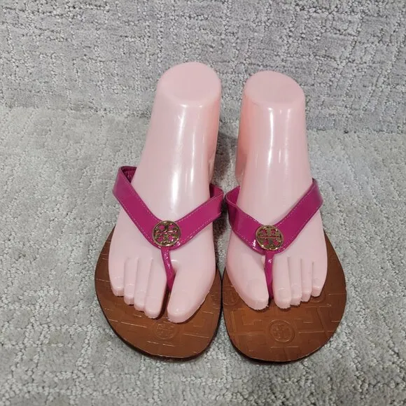 Tory Burch Thora Women's Size US 8M Fuchsia Patent Leather Thong Slip On Sandals