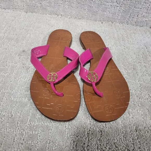 Tory Burch Thora Women's Size US 8M Fuchsia Patent Leather Thong Slip On Sandals