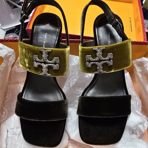 Tory Burch Velvet Pave Heel Sandals