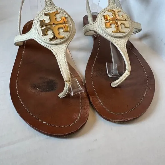 Tory Burch White Gold Tone Logo Vacation Strappy Thong Sandals Size 8
