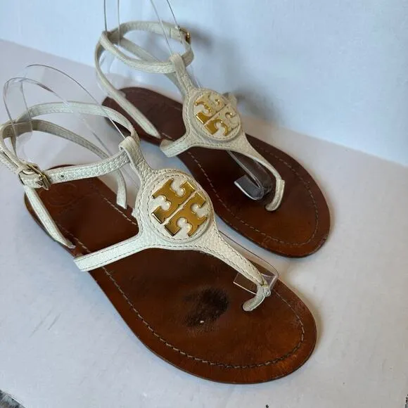 Tory Burch White Gold Tone Logo Vacation Strappy Thong Sandals Size 8