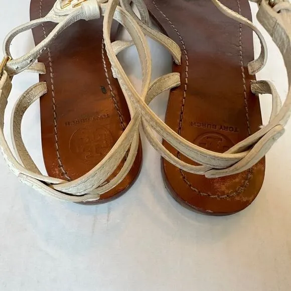 Tory Burch White Gold Tone Logo Vacation Strappy Thong Sandals Size 8