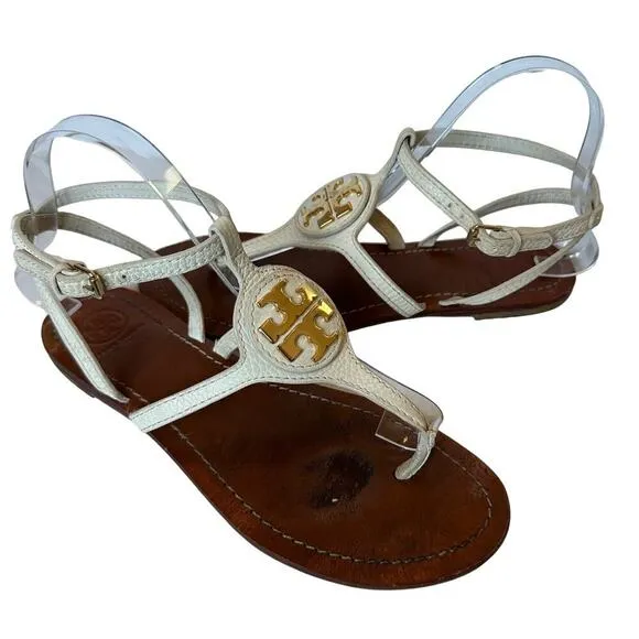Tory Burch White Gold Tone Logo Vacation Strappy Thong Sandals Size 8