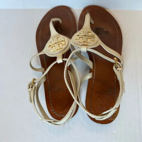 Tory Burch White Gold Tone Logo Vacation Strappy Thong Sandals Size 8