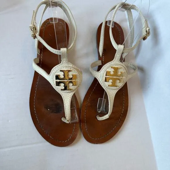 Tory Burch White Gold Tone Logo Vacation Strappy Thong Sandals Size 8