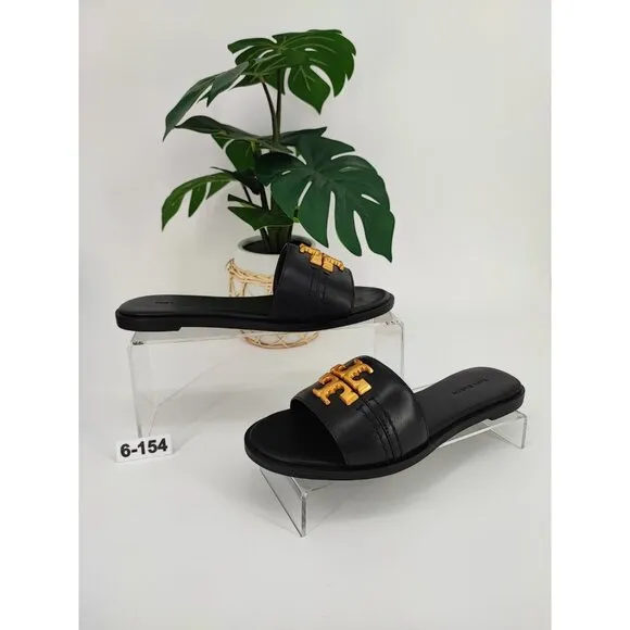 Tory Burch Women's Everly Slide Black Logo Medallion Slip On Sandals Size 6 US