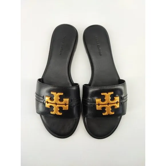 Tory Burch Women's Everly Slide Black Logo Medallion Slip On Sandals Size 6 US