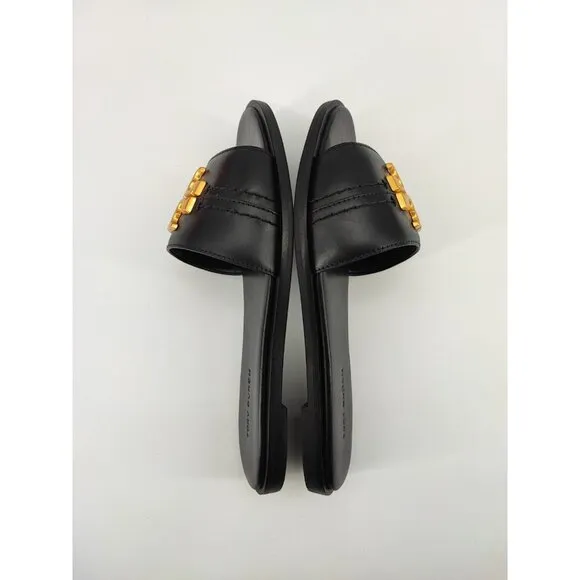 Tory Burch Women's Everly Slide Black Logo Medallion Slip On Sandals Size 6 US
