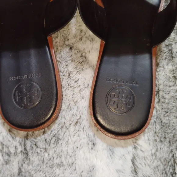 Tory Burch Women's Jamie Calf Leather Full Logo Thong 8.5 Black 48275 001