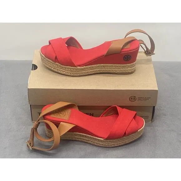 Tory Burch Women’s Karisa Espadrille Wedge Sandals Size 8.5 Red Ankle Straps