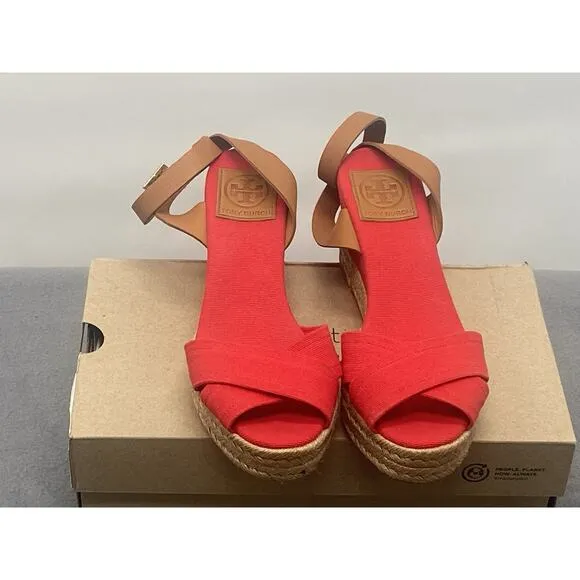 Tory Burch Women’s Karisa Espadrille Wedge Sandals Size 8.5 Red Ankle Straps