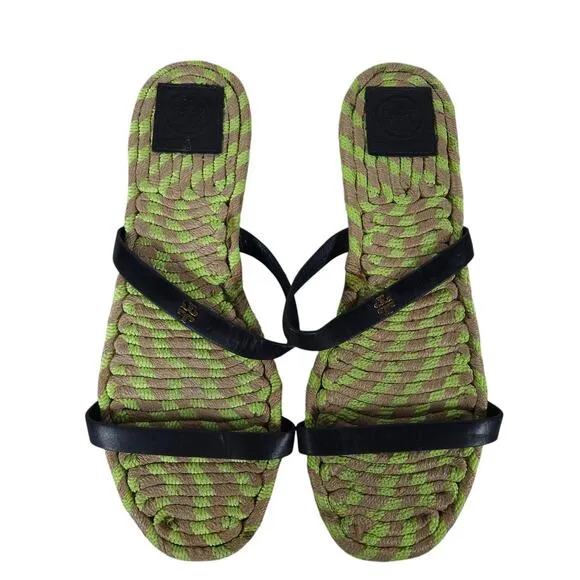Tory Burch Womens Sandals 9 Green Woven Rope Leather Strap Slip On Beach Casual