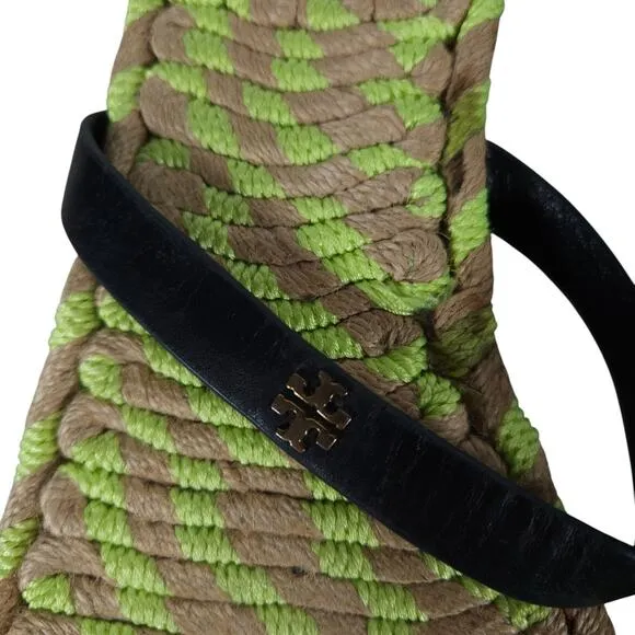 Tory Burch Womens Sandals 9 Green Woven Rope Leather Strap Slip On Beach Casual