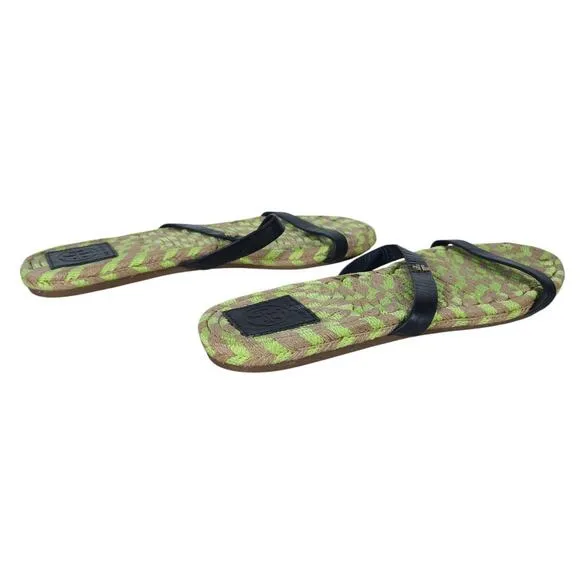 Tory Burch Womens Sandals 9 Green Woven Rope Leather Strap Slip On Beach Casual