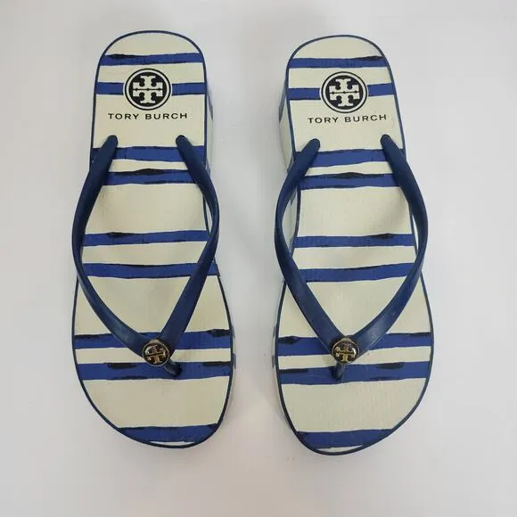 Tory Burch Womens Sandals Size 6.5 White and Blue Stripe Slip On Heels
