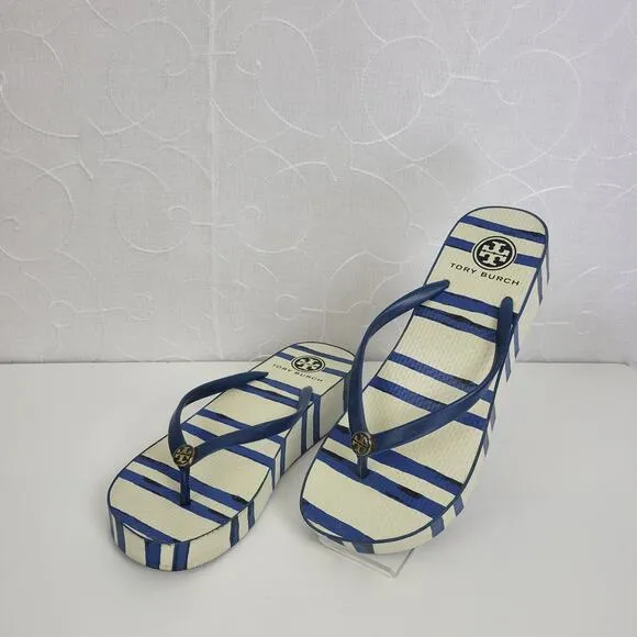 Tory Burch Womens Sandals Size 6.5 White and Blue Stripe Slip On Heels
