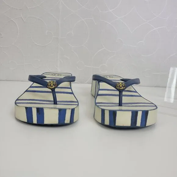 Tory Burch Womens Sandals Size 6.5 White and Blue Stripe Slip On Heels
