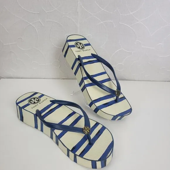 Tory Burch Womens Sandals Size 6.5 White and Blue Stripe Slip On Heels